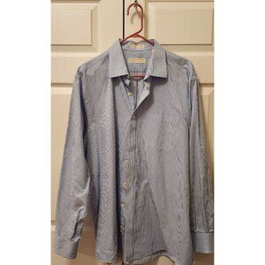 Men Michael Kors Blue White Vertical Thin Stripe Dress Shirt Size 17.5 34/35